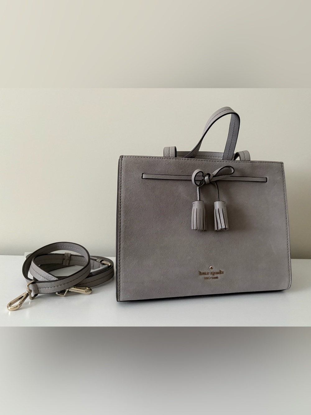 kate spade gray suede leather satchel with tassel accents